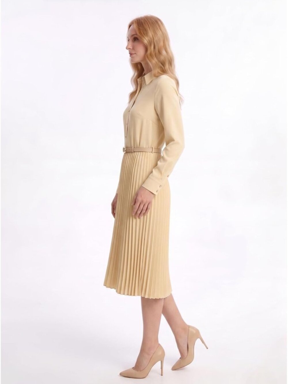 🆕Women's Cream Work Dress with Belt Business Casual Midi Shirt Long Sleeve - Picture 3 of 5